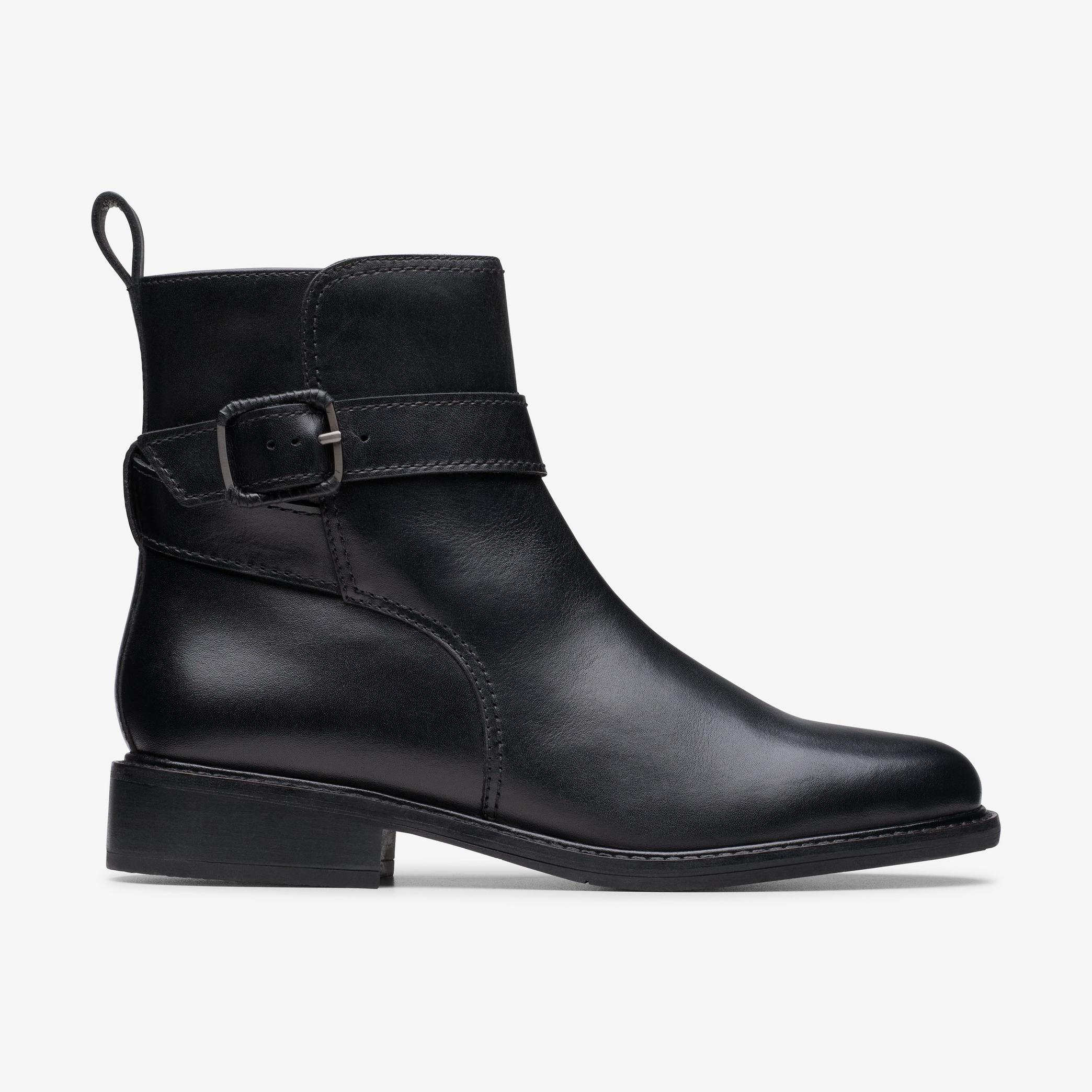 Clarks Renewal Style black leather ankle boots, side profile