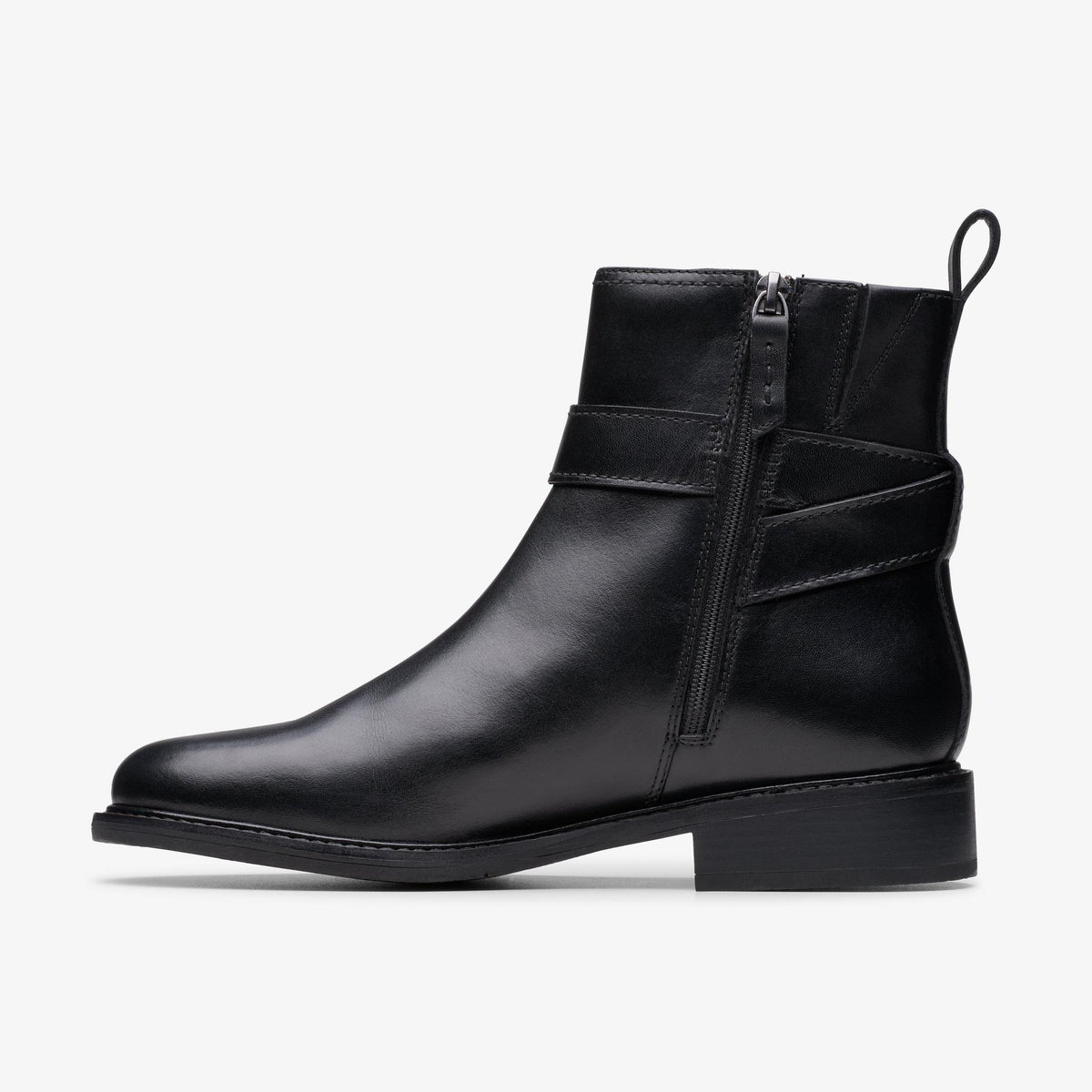 Clarks Renewal Style black leather ankle boots, opposite side profile