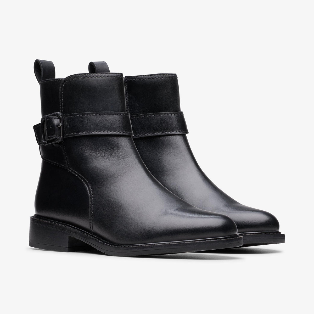 Clarks Renewal Style black leather ankle boots, pair at front angle