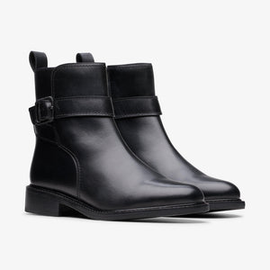 Clarks Renewal Style black leather ankle boots, pair at front angle