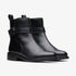 Clarks Renewal Style black leather ankle boots, pair at front angle