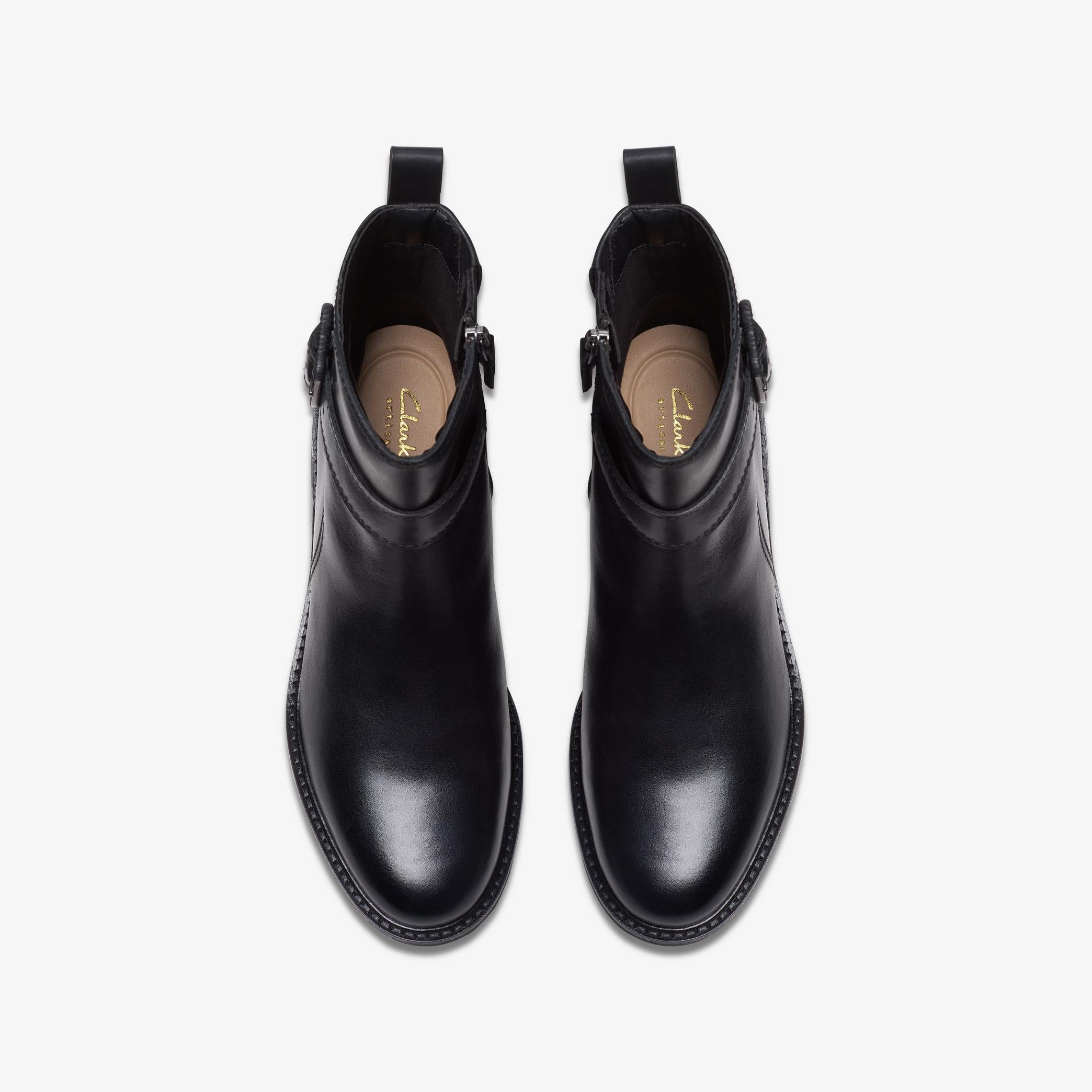 Clarks Renewal Style black leather ankle boots, top view
