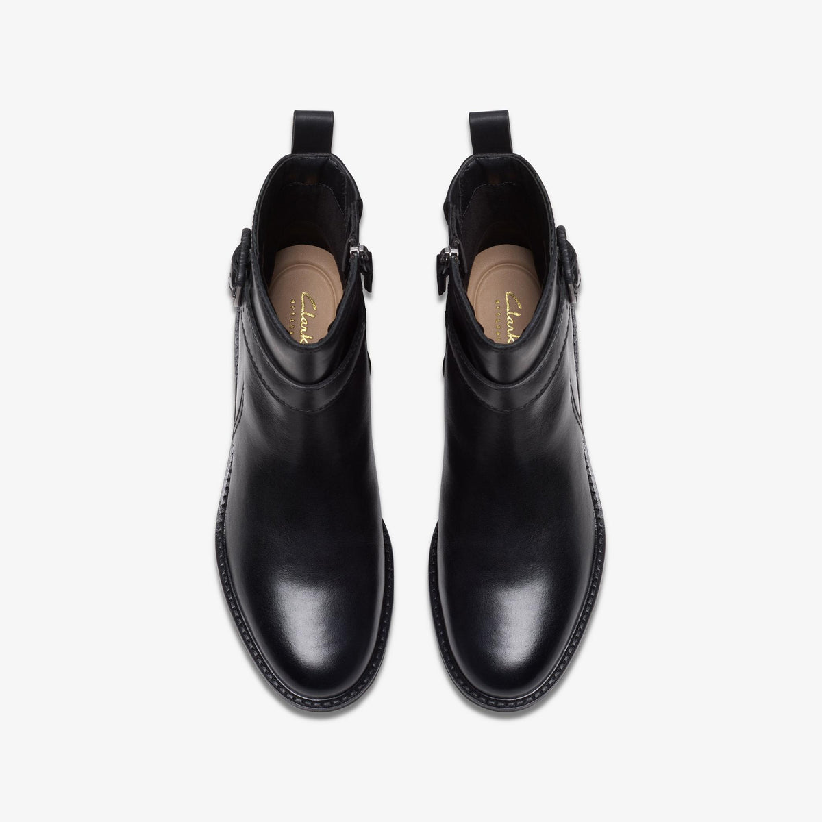 Clarks Renewal Style black leather ankle boots, top view