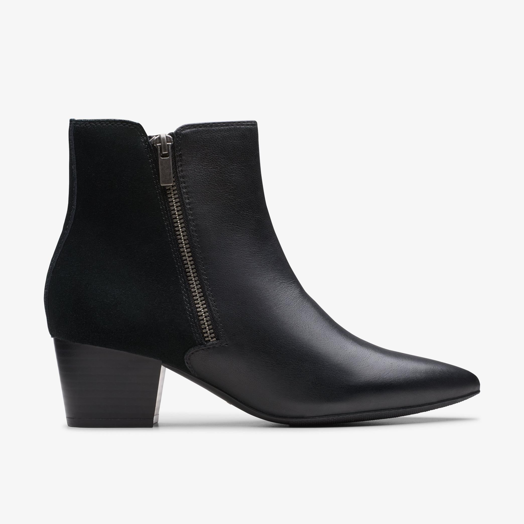 Clarks Ellanie Vibe black leather ankle boots, side profile