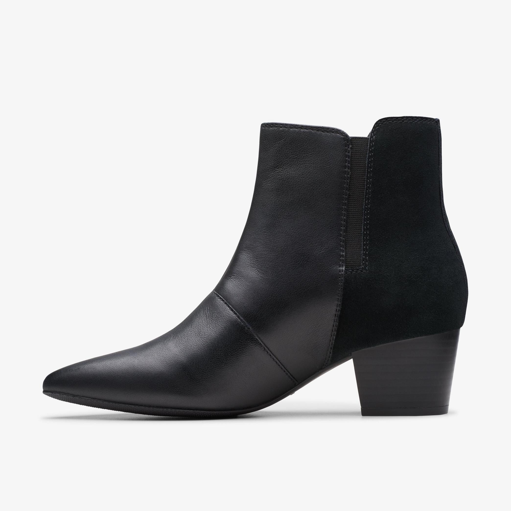Clarks Ellanie Vibe black leather ankle boots, opposite side profile