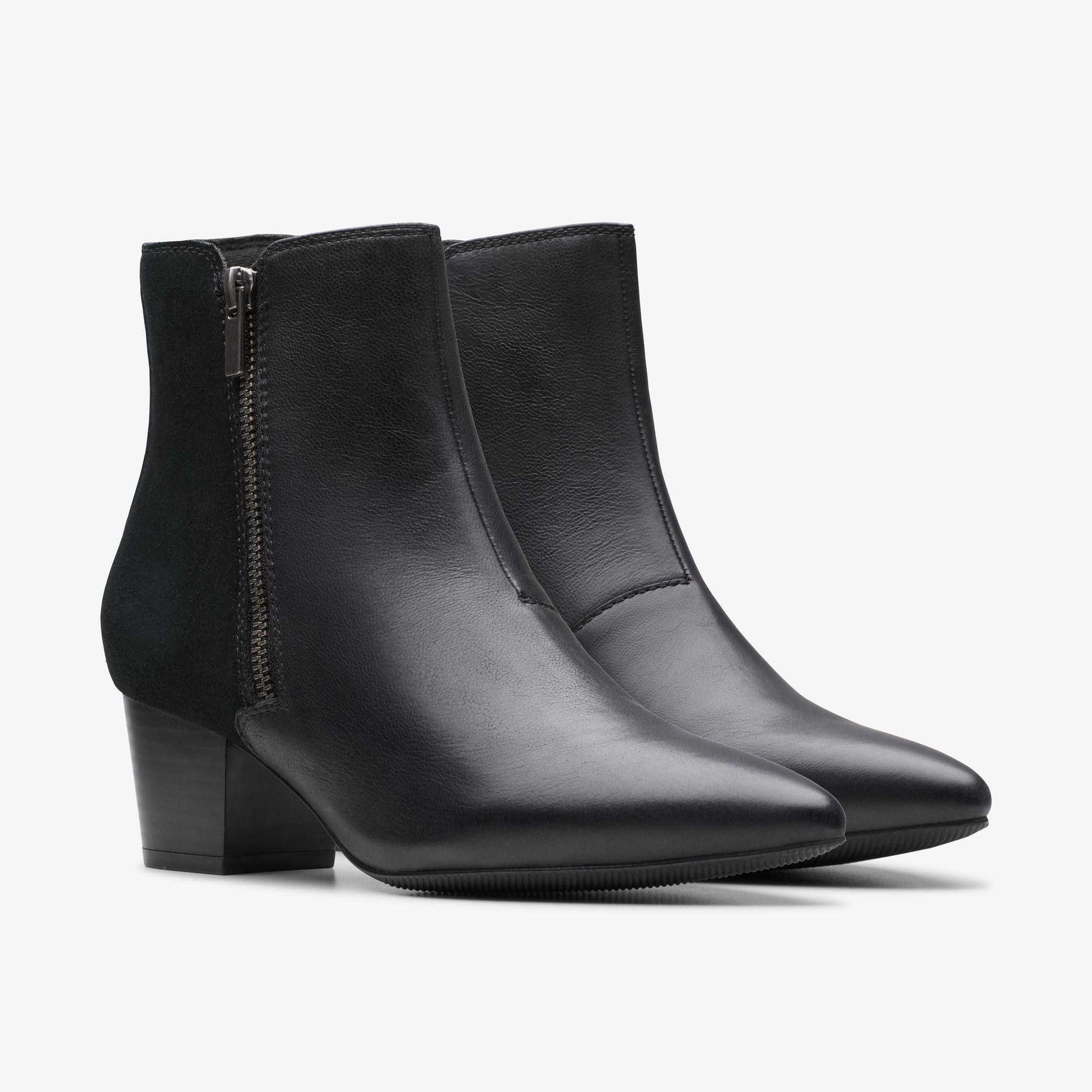Clarks Ellanie Vibe black leather ankle boots, pair at front angle
