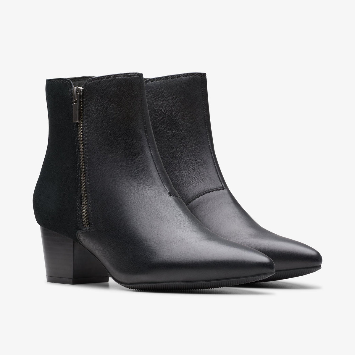 Clarks Ellanie Vibe black leather ankle boots, pair at front angle