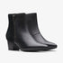 Clarks Ellanie Vibe black leather ankle boots, pair at front angle