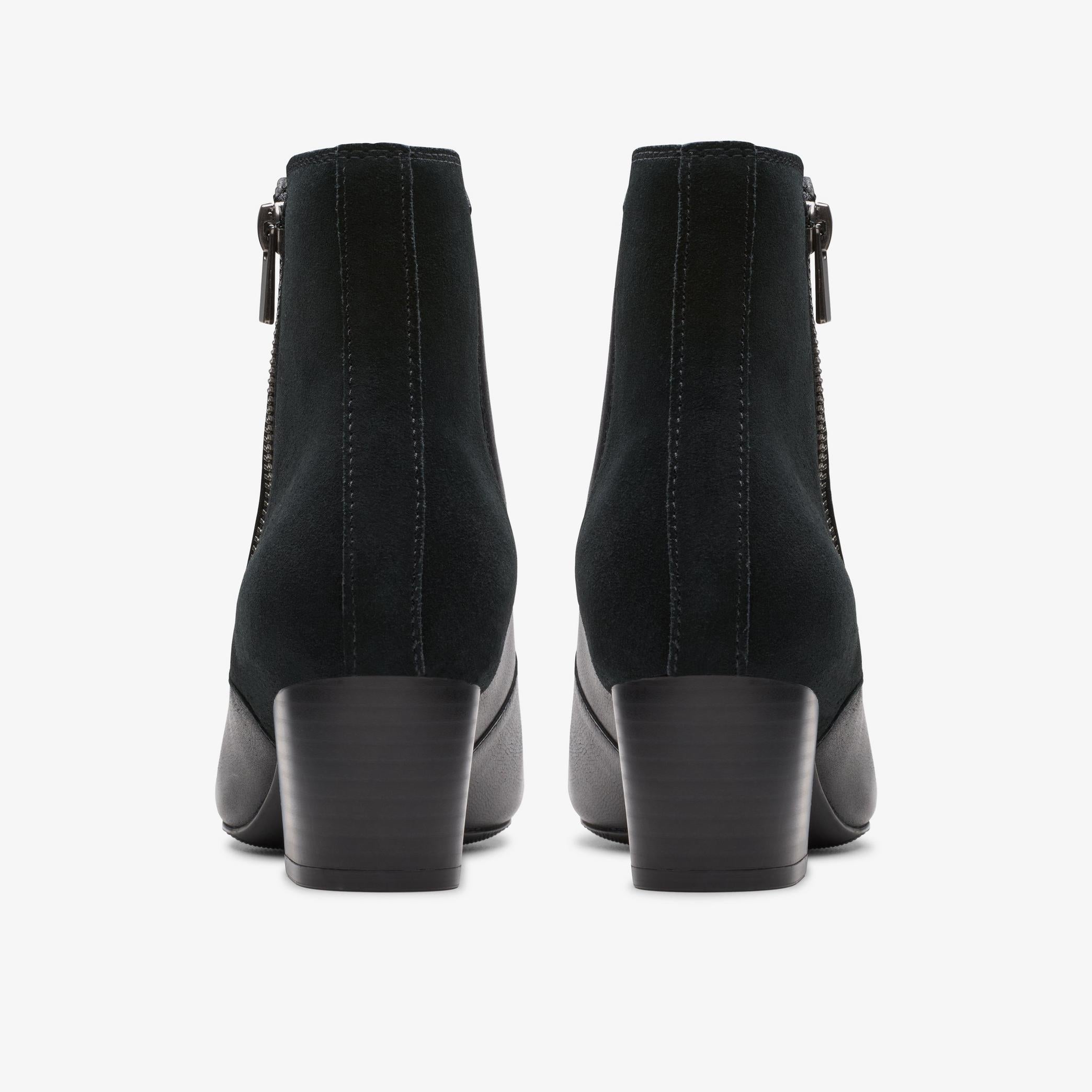 Clarks Ellanie Vibe black leather ankle boots, back view