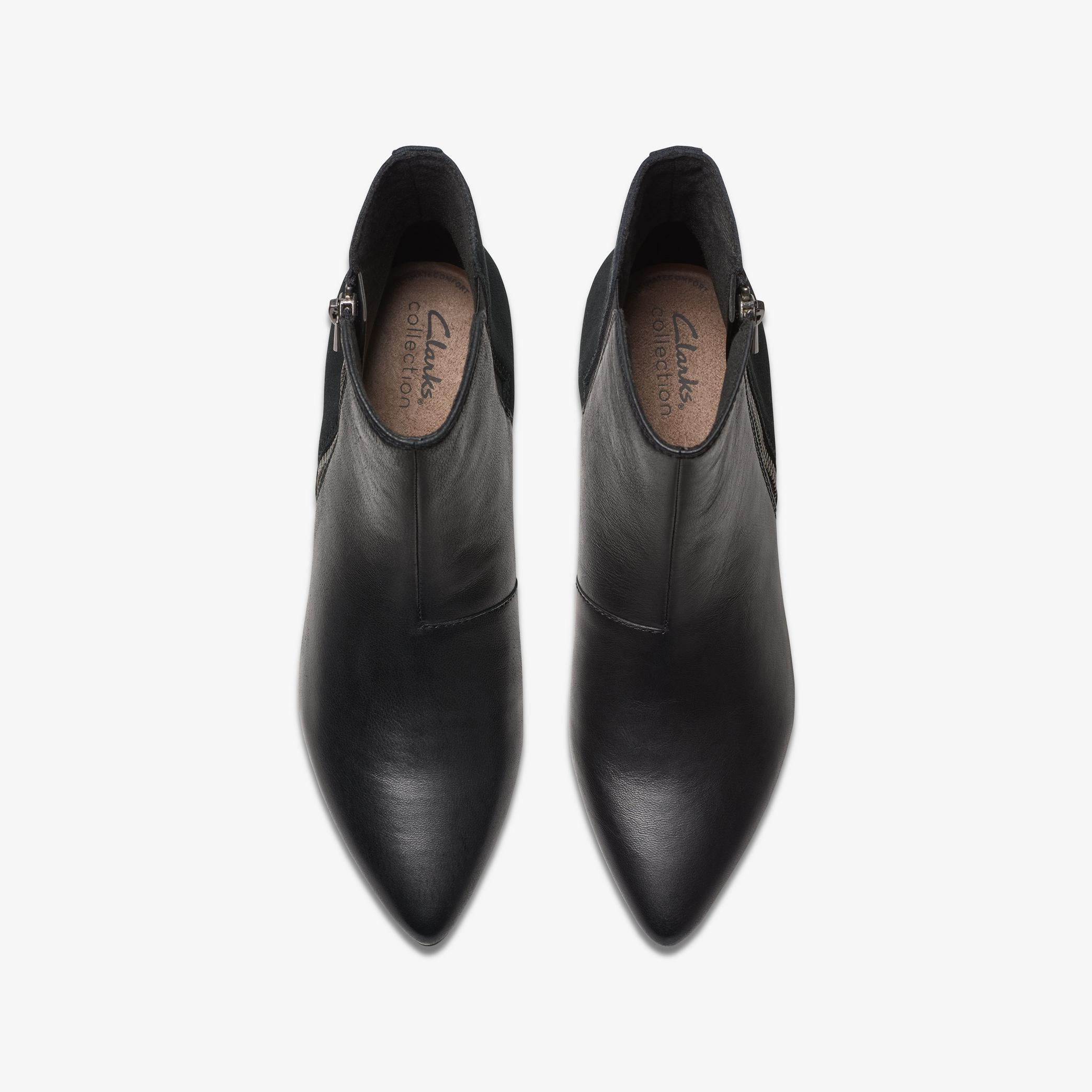 Clarks Ellanie Vibe black leather ankle boots, top view