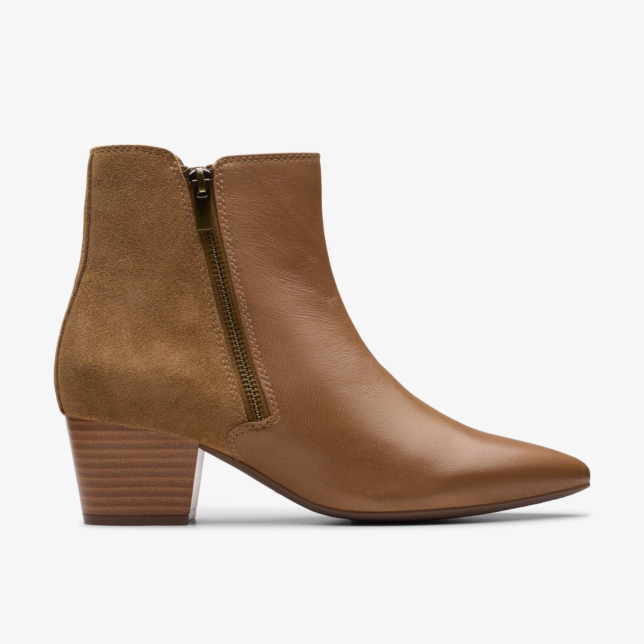 Clarks Ellanie Vibe taupe leather ankle boots, side profile
