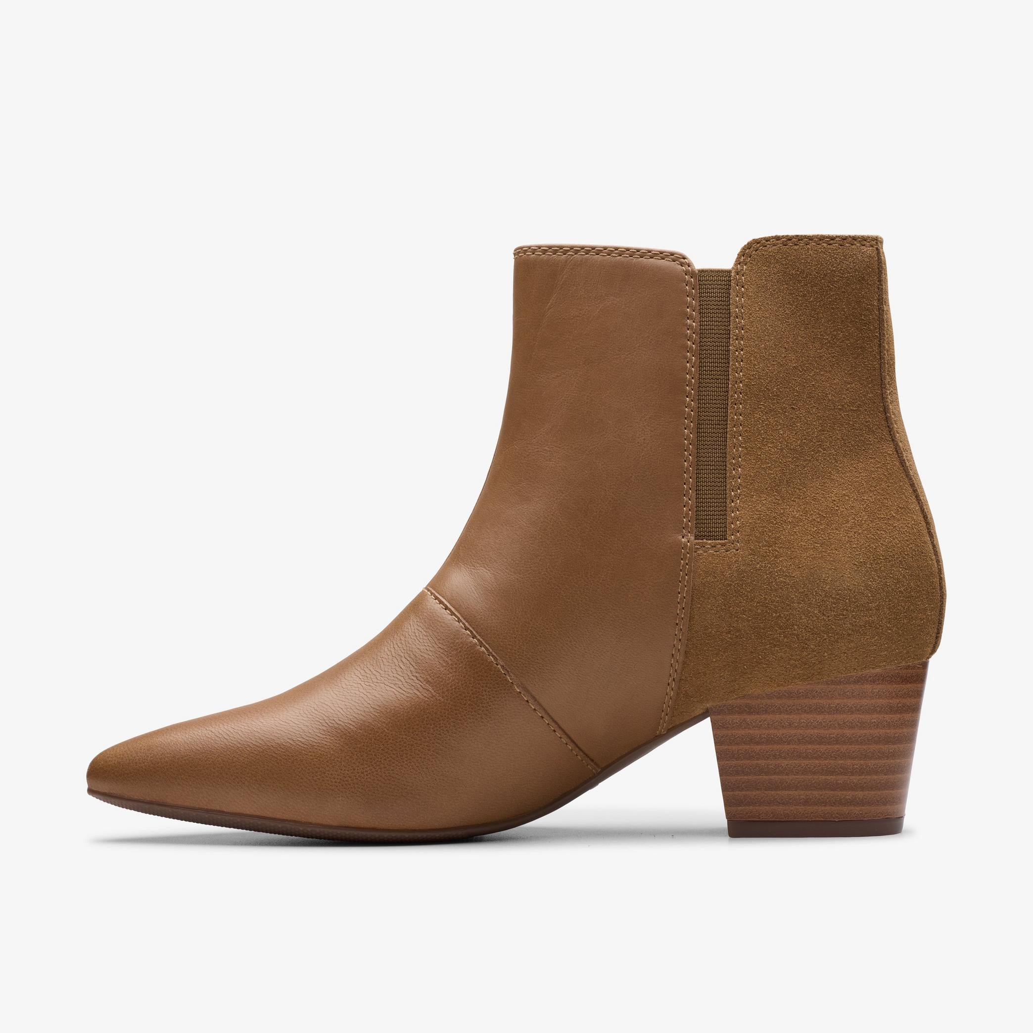 Clarks Ellanie Vibe taupe leather ankle boots, opposite side profile