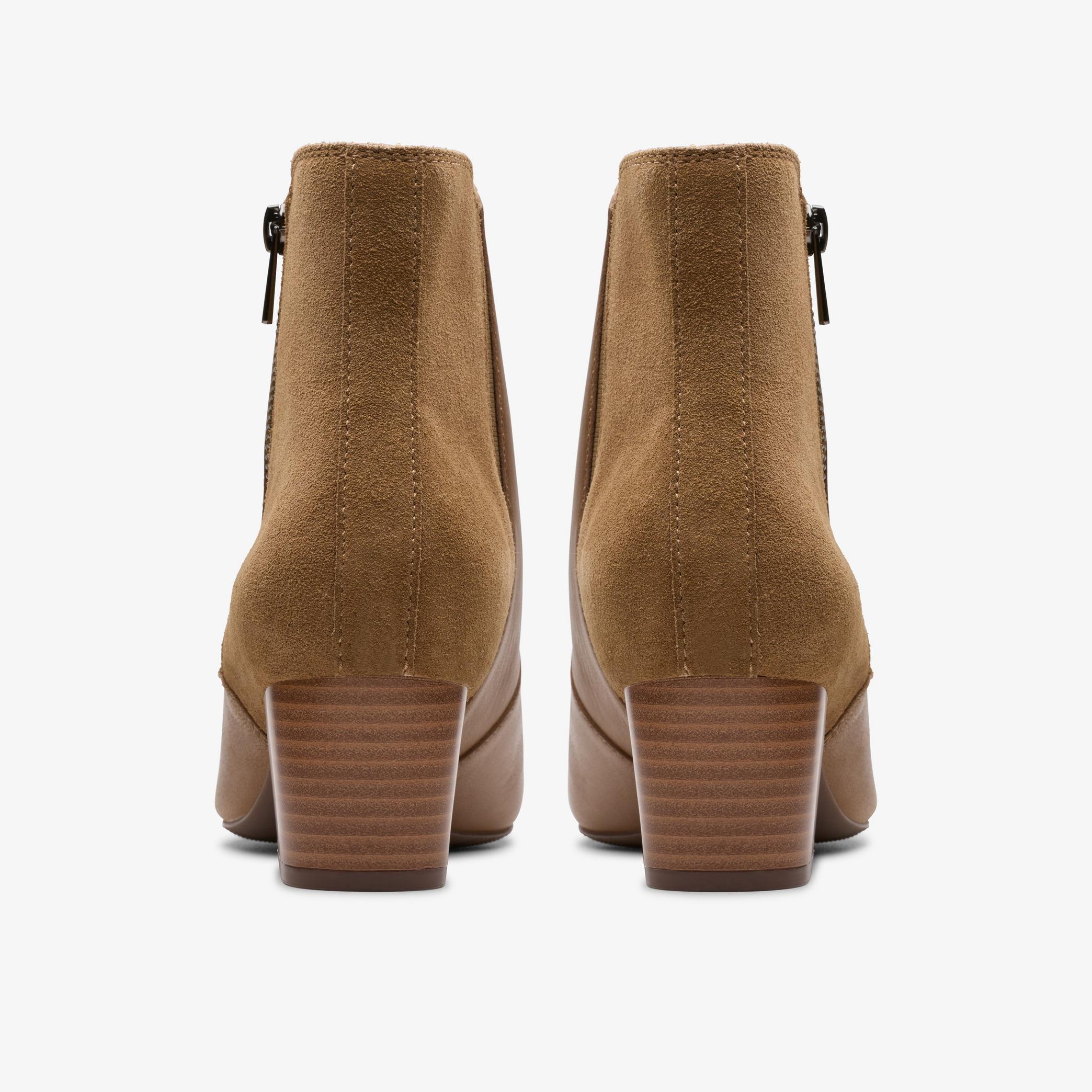 Clarks Ellanie Vibe taupe leather ankle boots, back view
