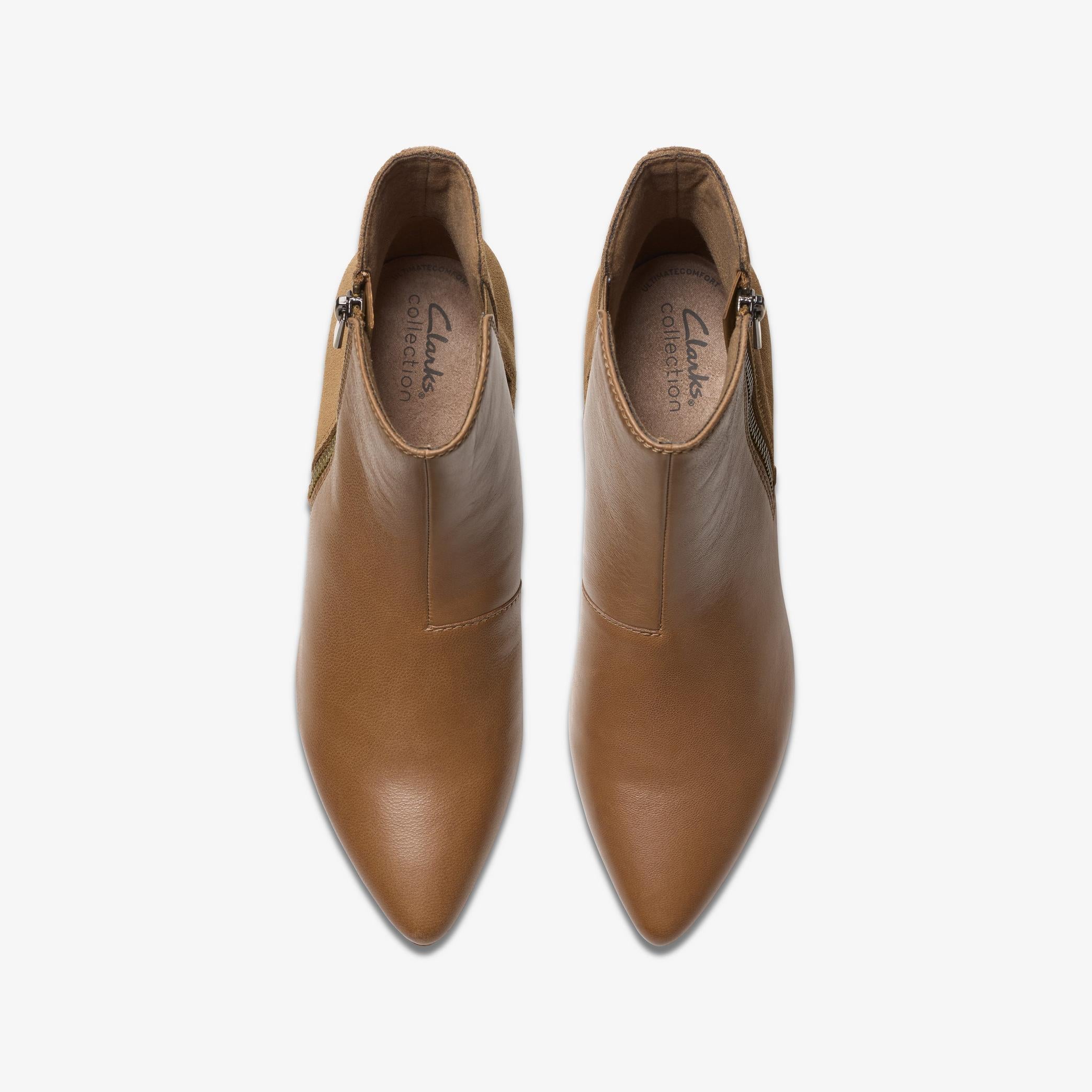 Clarks Ellanie Vibe taupe leather ankle boots, top view