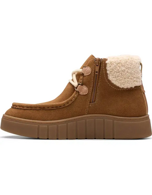 Clarks Women's Mykah Izzy Dark Tan suede ankle boot detail view