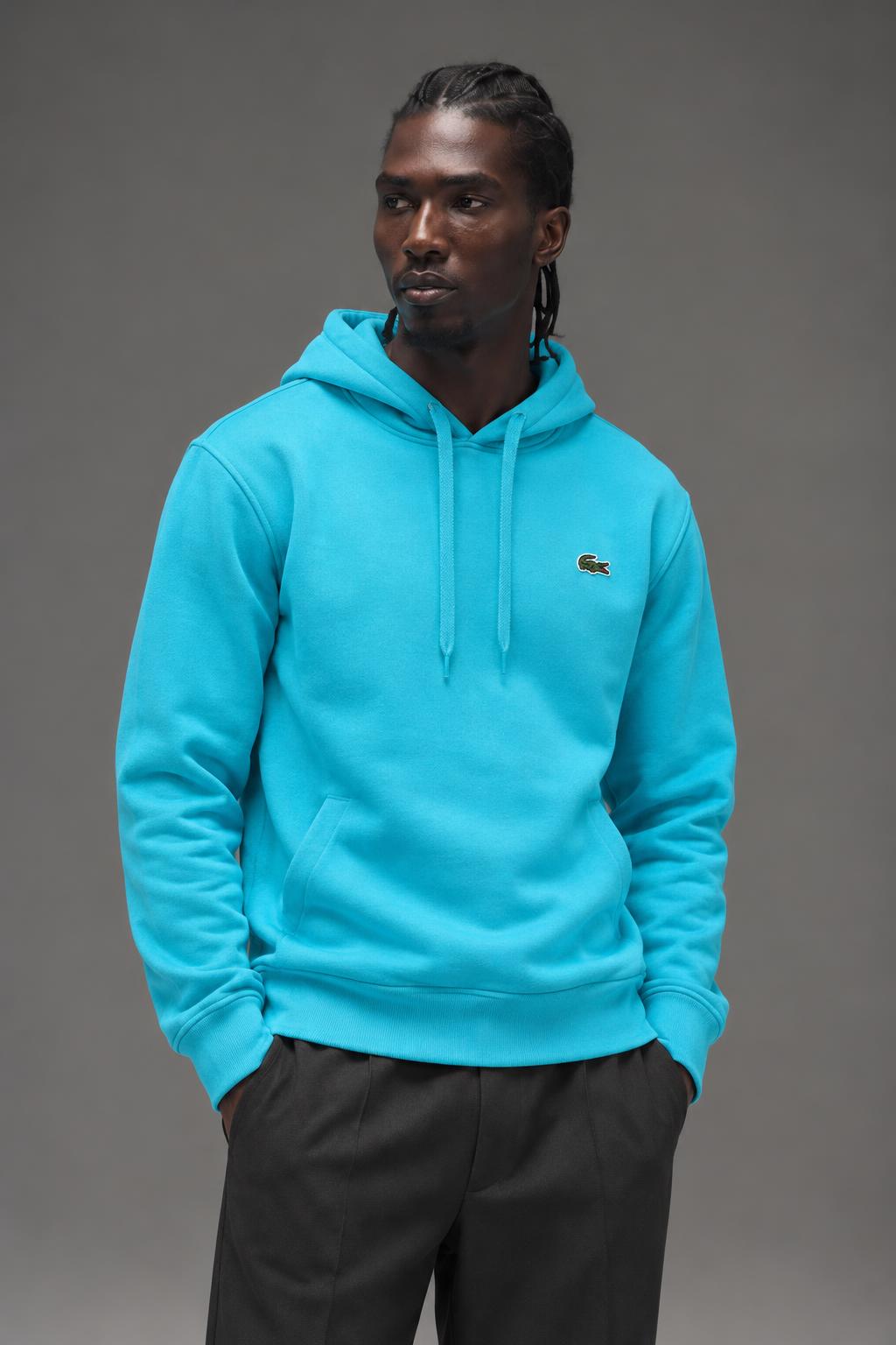 Lacoste Men's SPORT Hooded Fleece Tennis Sweatshirt Haiti Blue/Navy Blue SH2128 XQN AI model photo