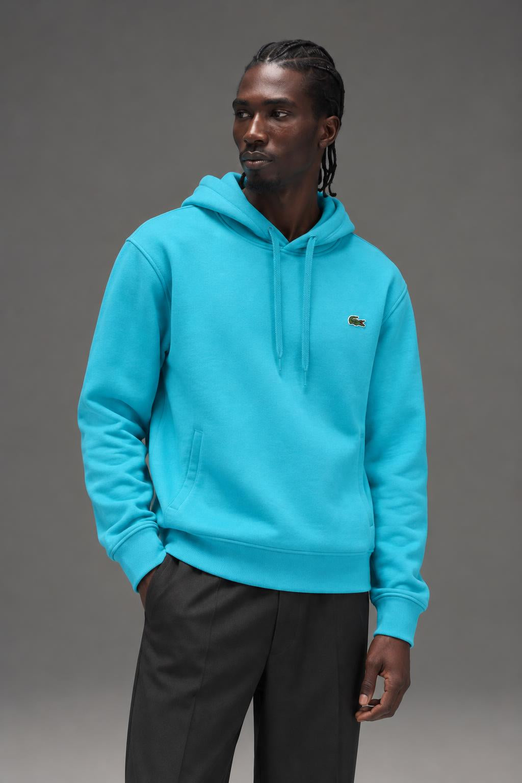 Lacoste Men's SPORT Hooded Fleece Tennis Sweatshirt Haiti Blue/Navy Blue SH2128 XQN AI model photo