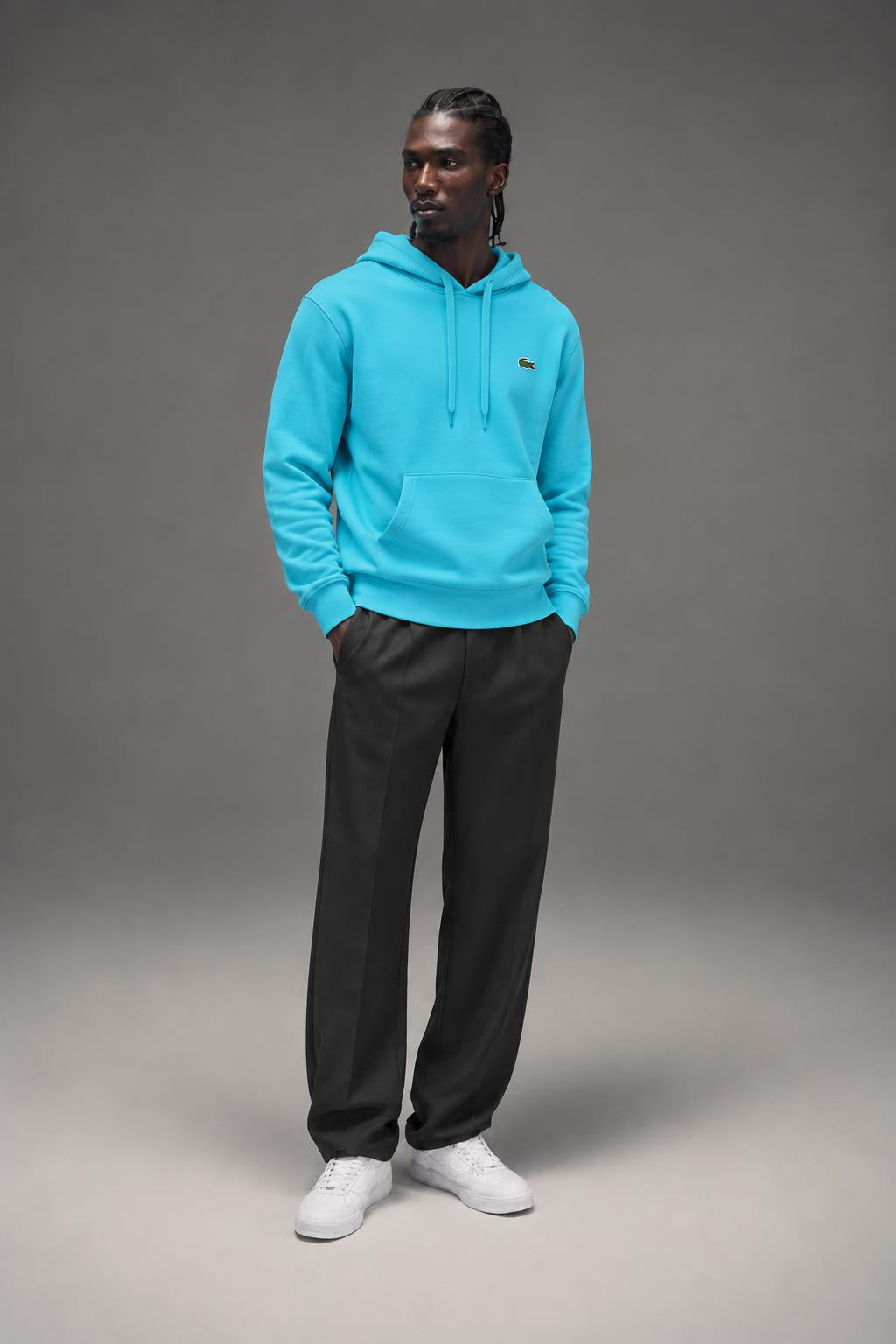 Lacoste Men's SPORT Hooded Fleece Tennis Sweatshirt Haiti Blue/Navy Blue SH2128 XQN AI model photo