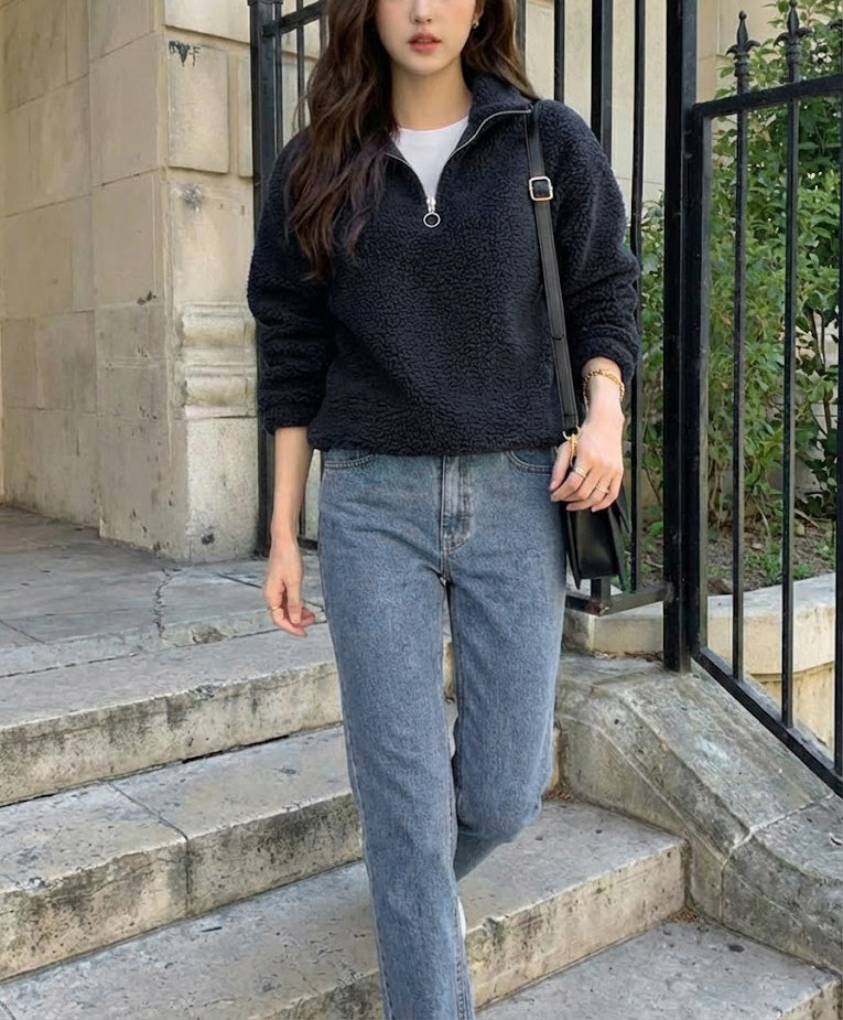 Aplaze Sherpa Zippered Mock Neck Pullover Jacket Black 71825