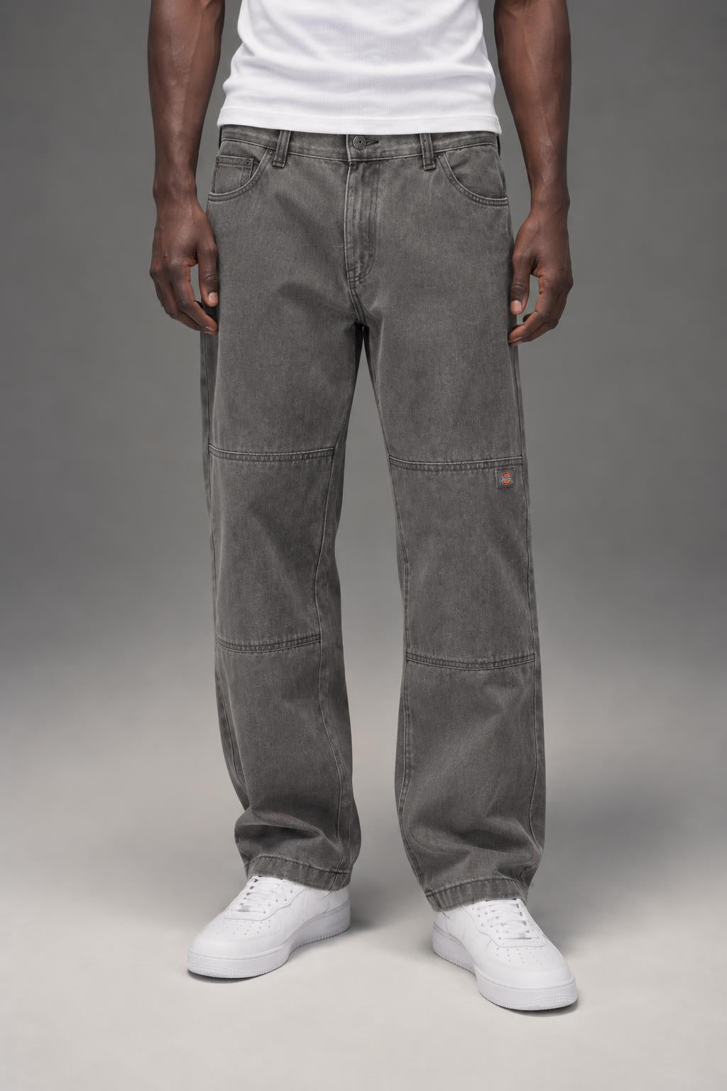 Dickies Mens Relaxed Fit Double Knee Jeans Tinted Gray Wash A4Y3FL22 AI model photo