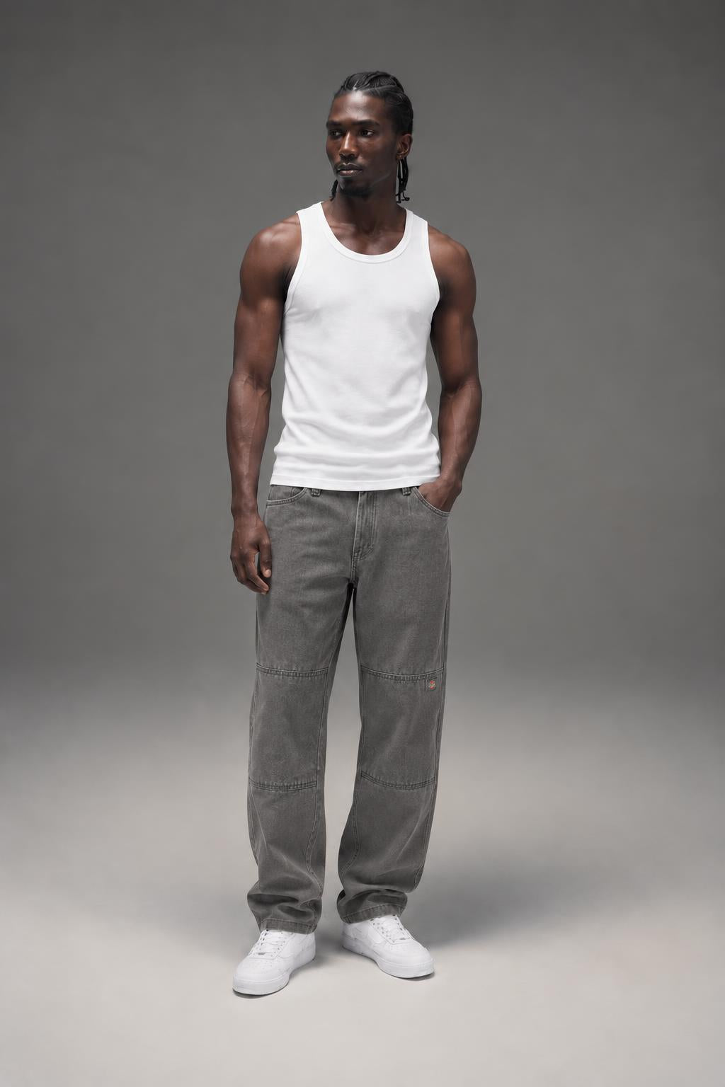Dickies Mens Relaxed Fit Double Knee Jeans Tinted Gray Wash A4Y3FL22 AI model photo