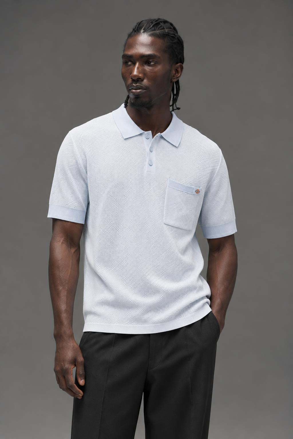 Dickies Mens Rocky Knit Polo Shirts Light Blue A4Z7AF90 AI model photo