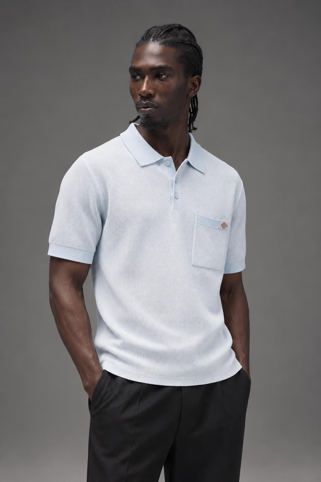 Dickies Mens Rocky Knit Polo Shirts Light Blue A4Z7AF90 AI model photo