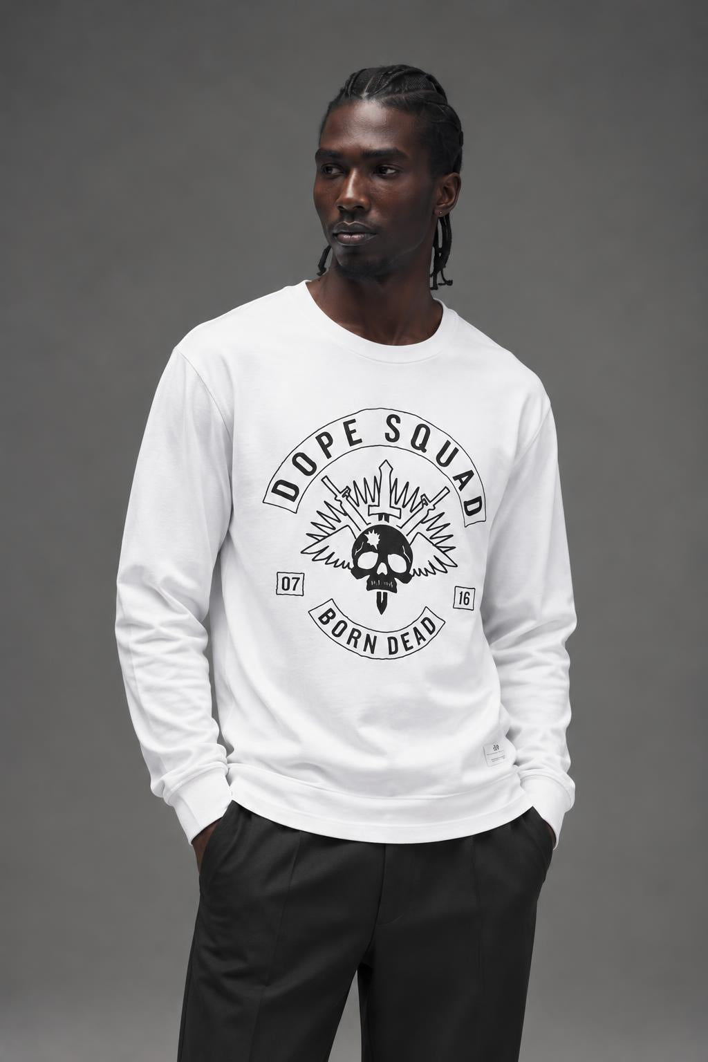 DOPE Squad Crewneck White D0216-J104 AI model photo