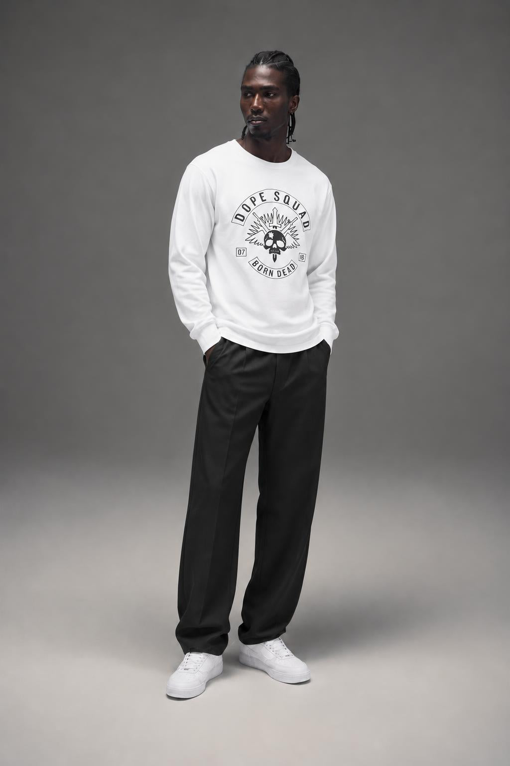 DOPE Squad Crewneck White D0216-J104 AI model photo