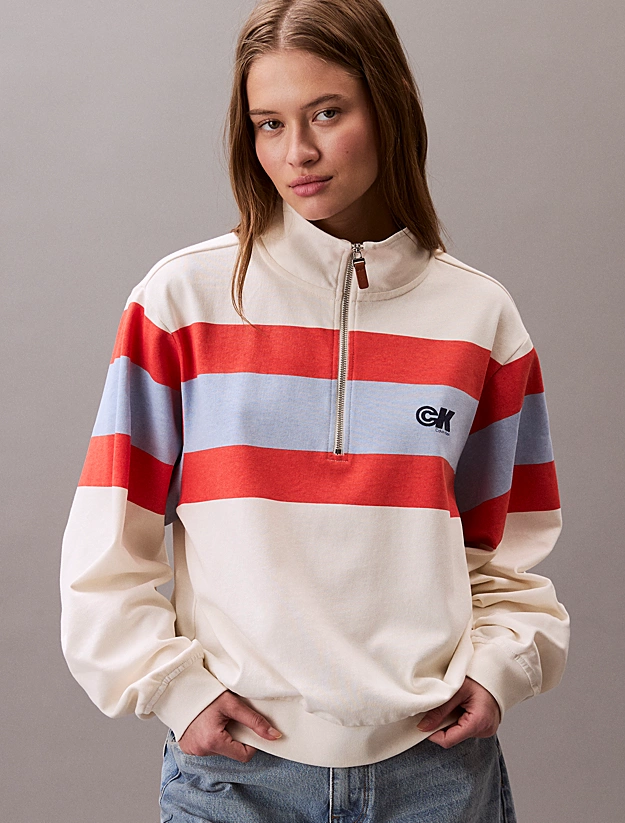 Calvin Klein Womens Rugby Stripe Quater Zip Sweatshirt Tofu Combo Stripe 47C229G 101