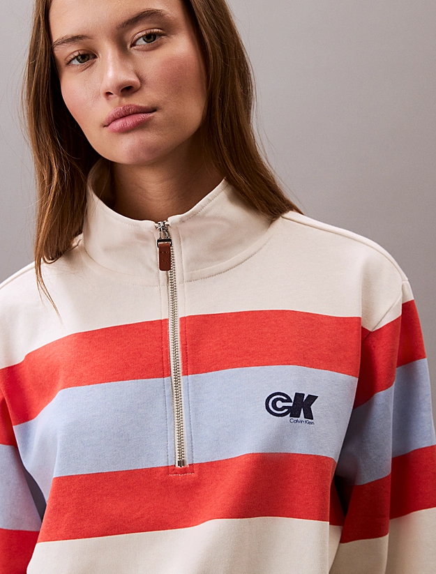 Calvin Klein Womens Rugby Stripe Quater Zip Sweatshirt Tofu Combo Stripe 47C229G 101