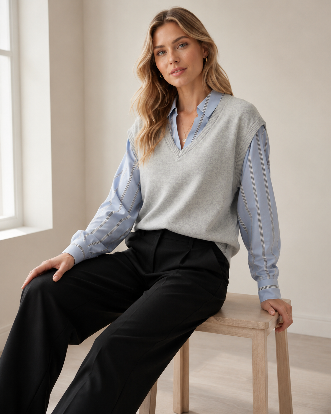 Adriana Papel Women's Oversized Sweater Vest Twofer Heater Grey Blue Combo Stripe AD1S302177 MX1