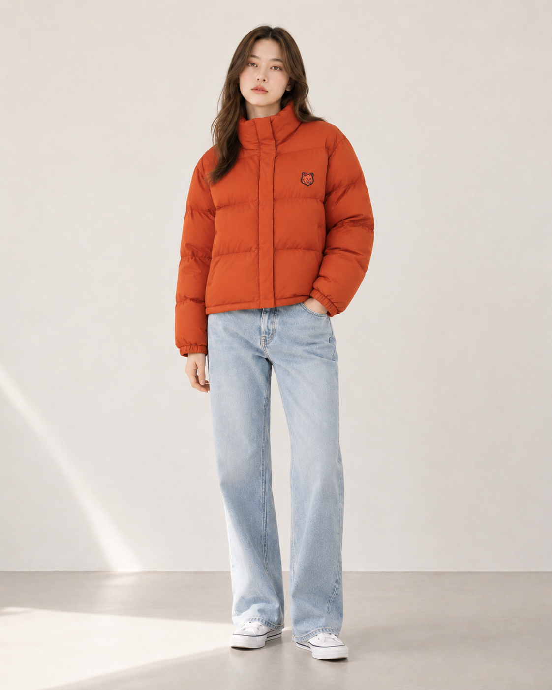 Maison Kitsune Women's Cropped Puffer In Nylon With Bold Fox Head Patch Clay LW02207WQ4016 P898