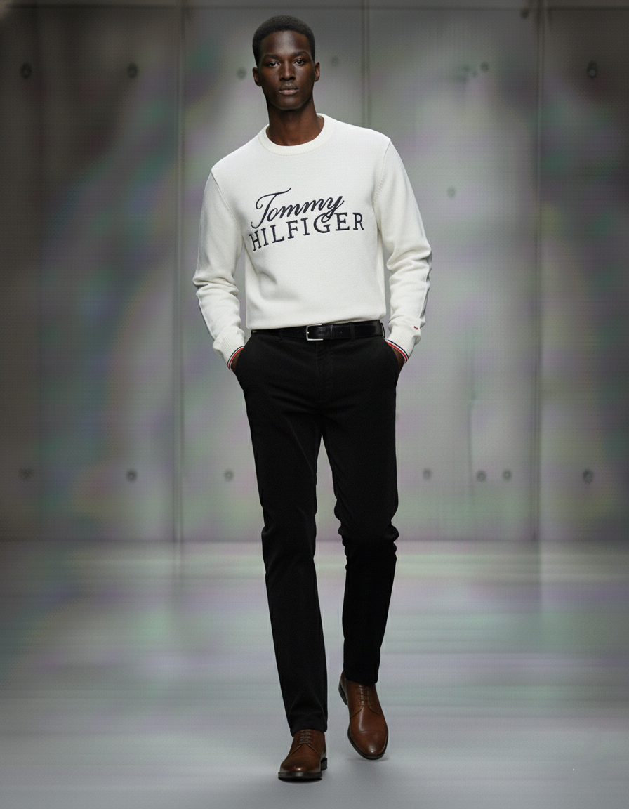 Tommy Hilfiger Men's  Niles Logo Crewneck Sweater White Suede 78J6644 100