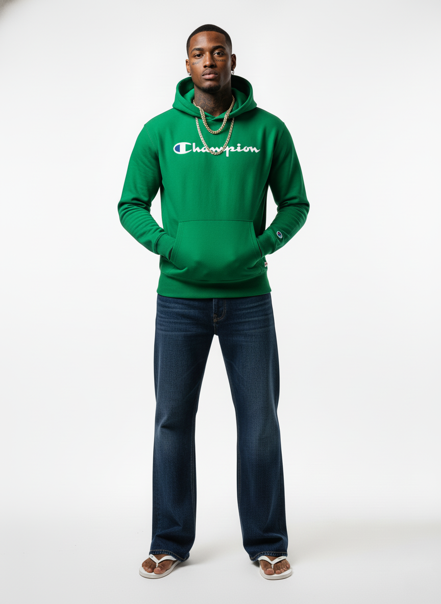 Champion Men's Powerblend Fleece Hoodie Script Logo Green Vine GF89H Y07718 VZU