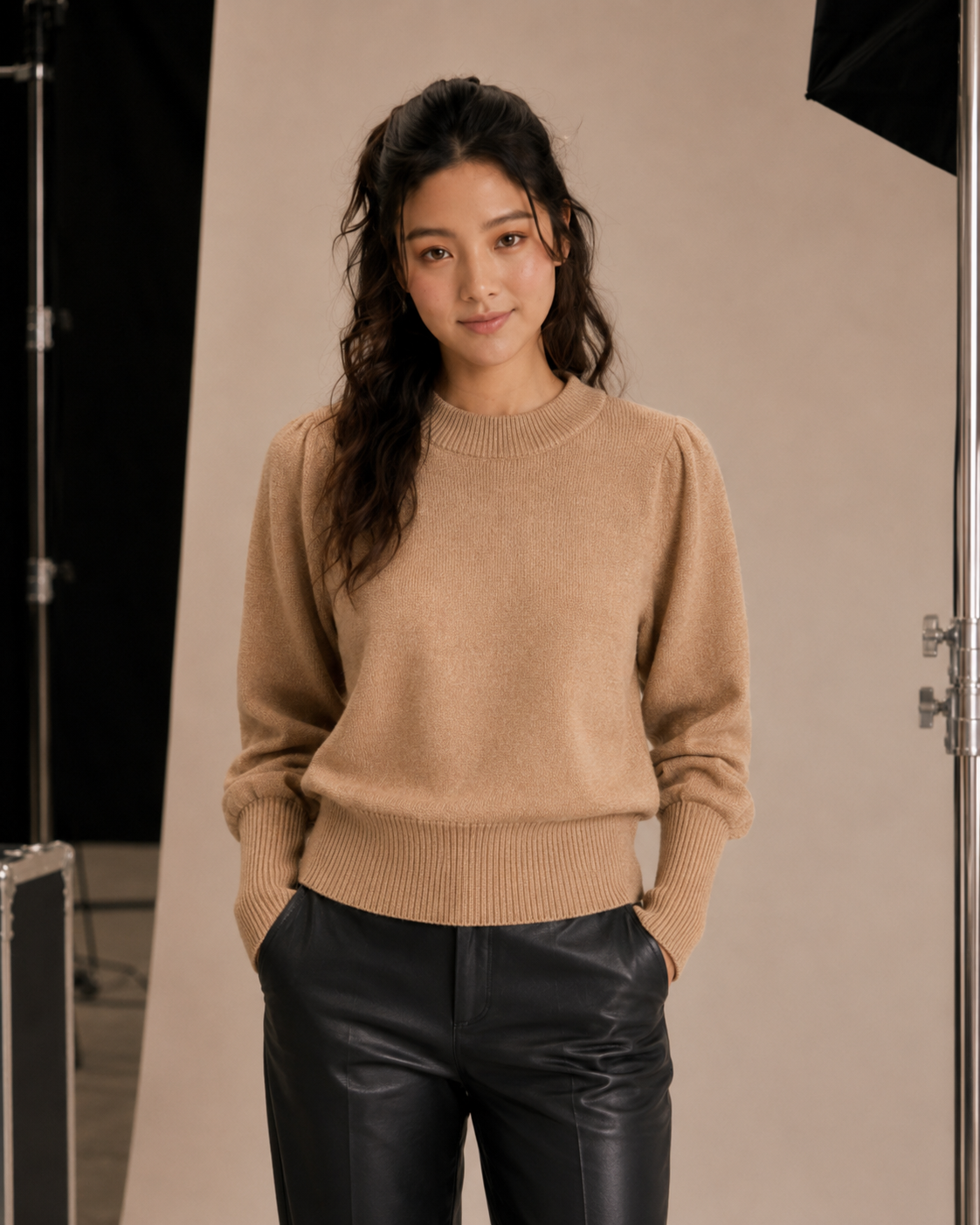 French Connection Cropped Balloon Sleeve Plain Jumper Knit 20 Camel Mel 78PXB