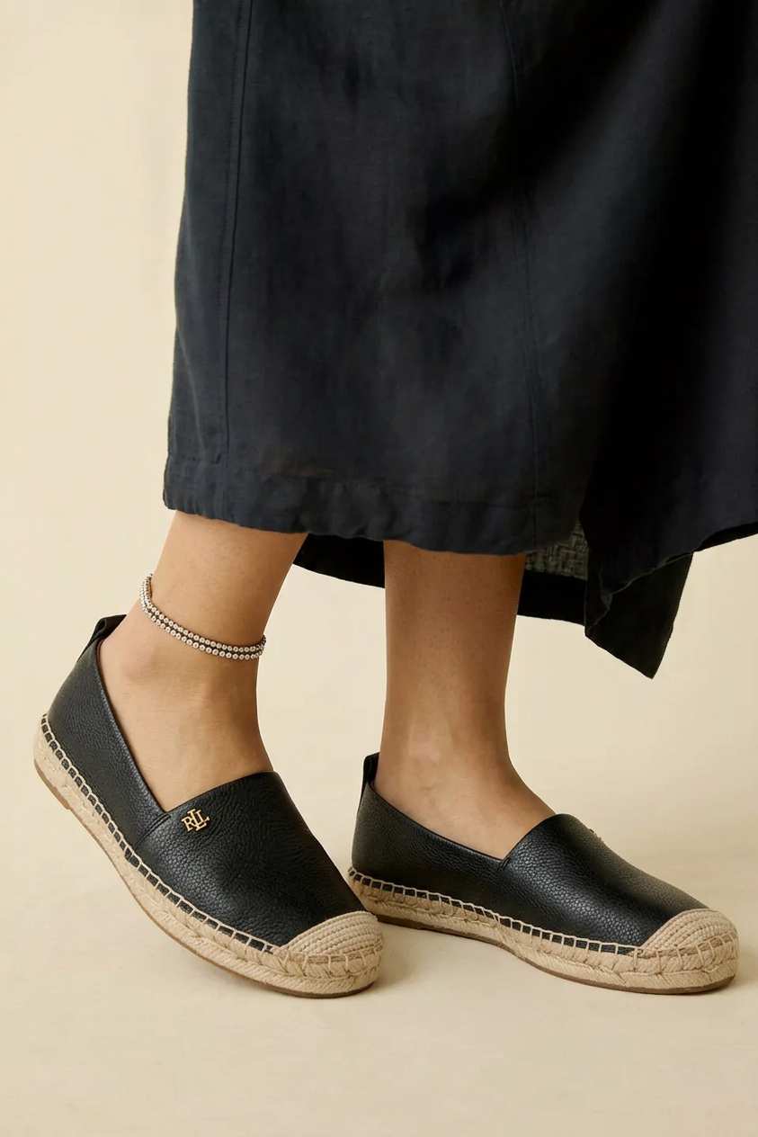Polo Ralph Lauren Cameryn Espadrille Flat Shoes Tumbled Leather Black 802824736001