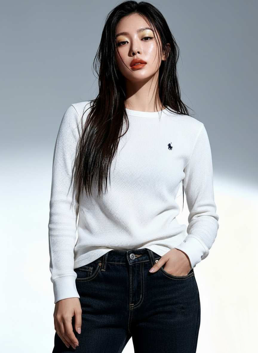 Polo Ralph Lauren Girls Waffle Cotton Long Sleeve Crewneck White 323920629002 B6