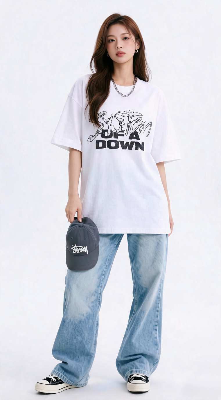 H&M Women's Oversized System Of A Down Printed T-Shirt White 1198284 027 H3