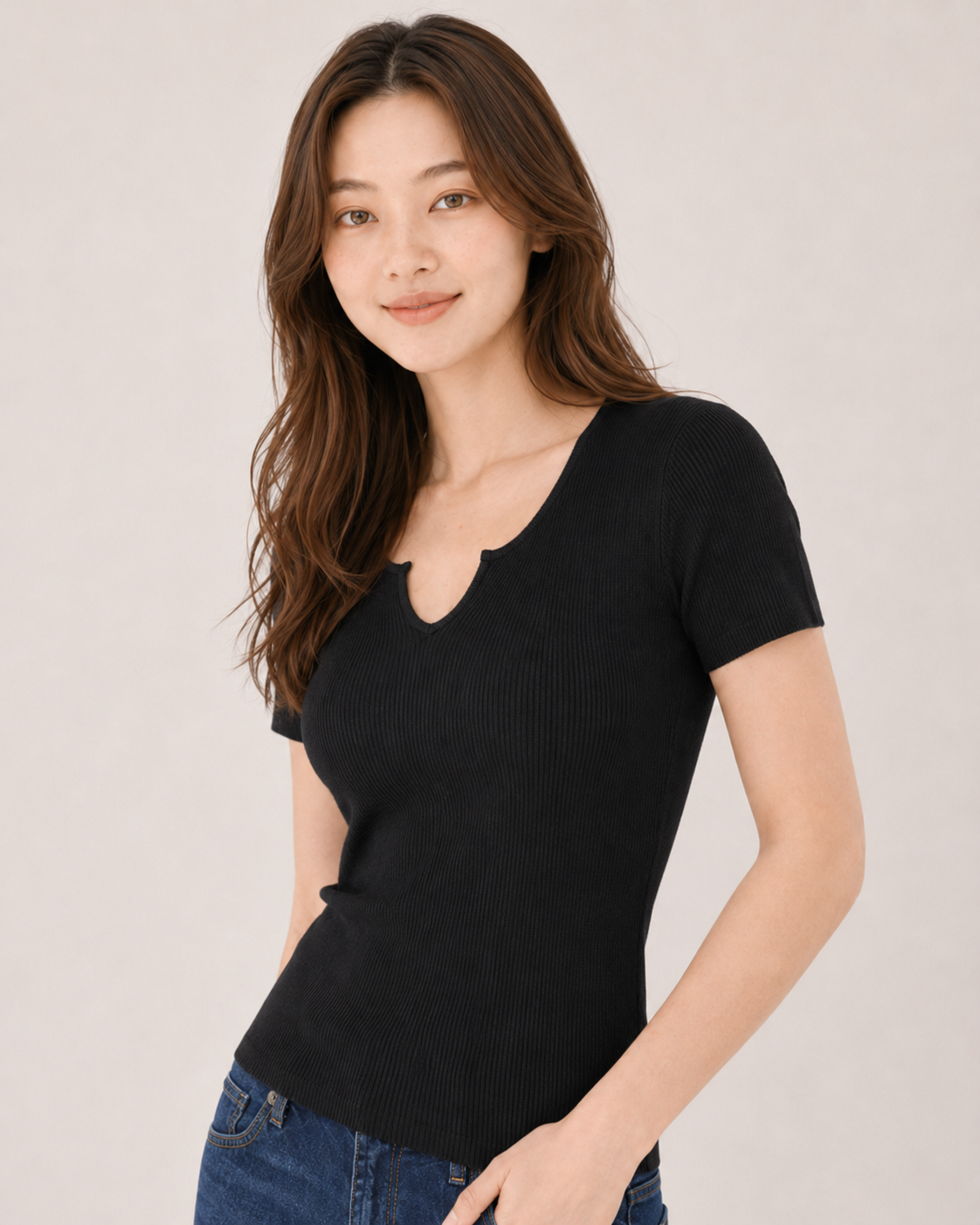 Aplaze Ribbed Notch Neck Short Sleeve Top Black 71603