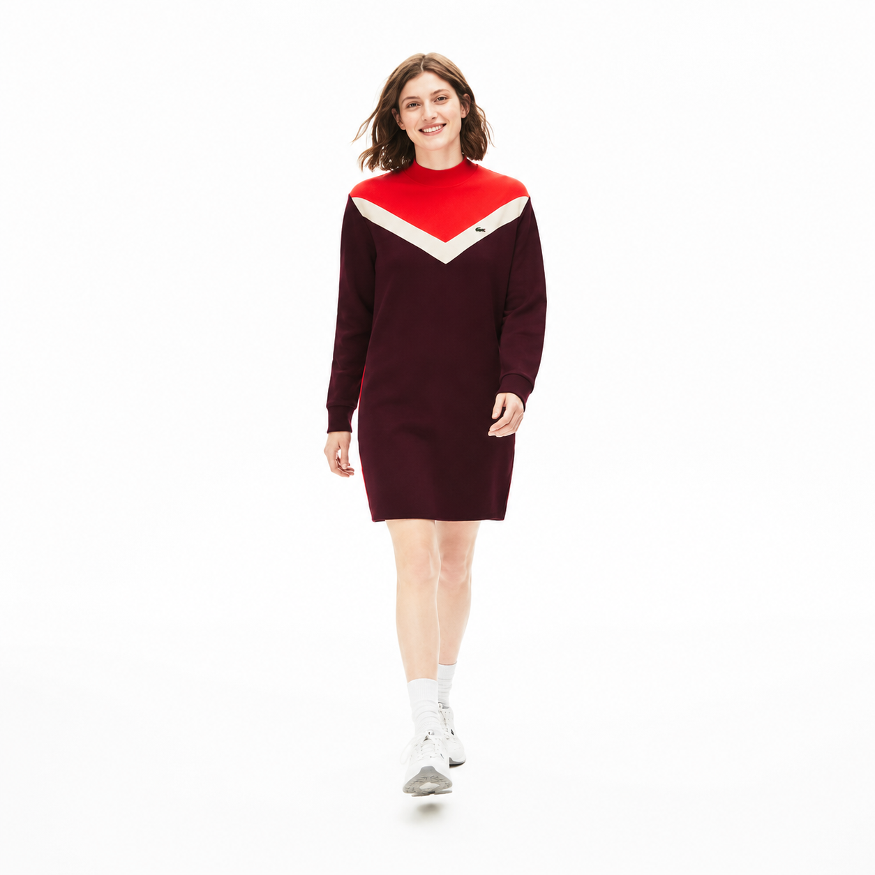 Lacoste Women's Colorblock Fleece Sweatshirt Dress Bordeaux/Beige/Red EF5769 R9B