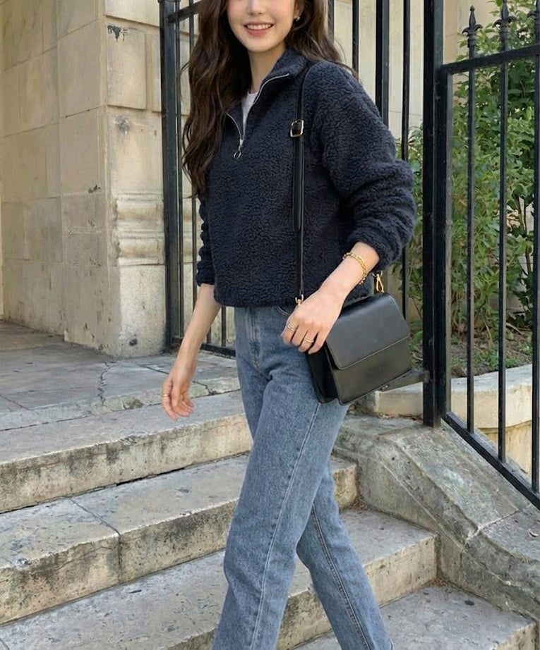 Aplaze Sherpa Zippered Mock Neck Pullover Jacket Black 71825