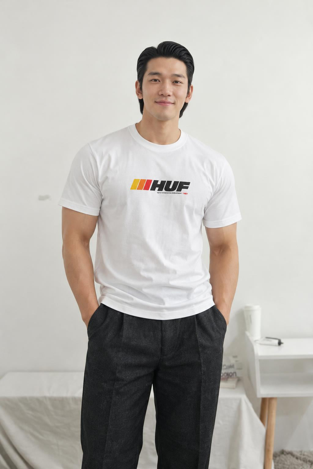 HUF Stickered S/S Tee White TS02536 WHT AI model photo