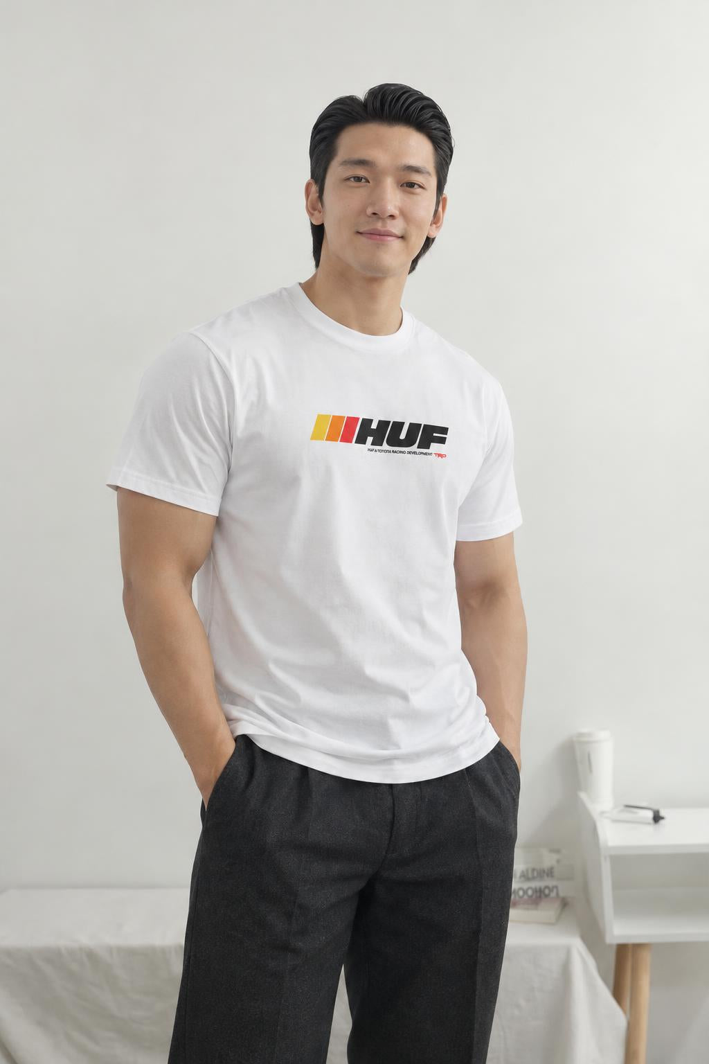 HUF Stickered S/S Tee White TS02536 WHT AI model photo
