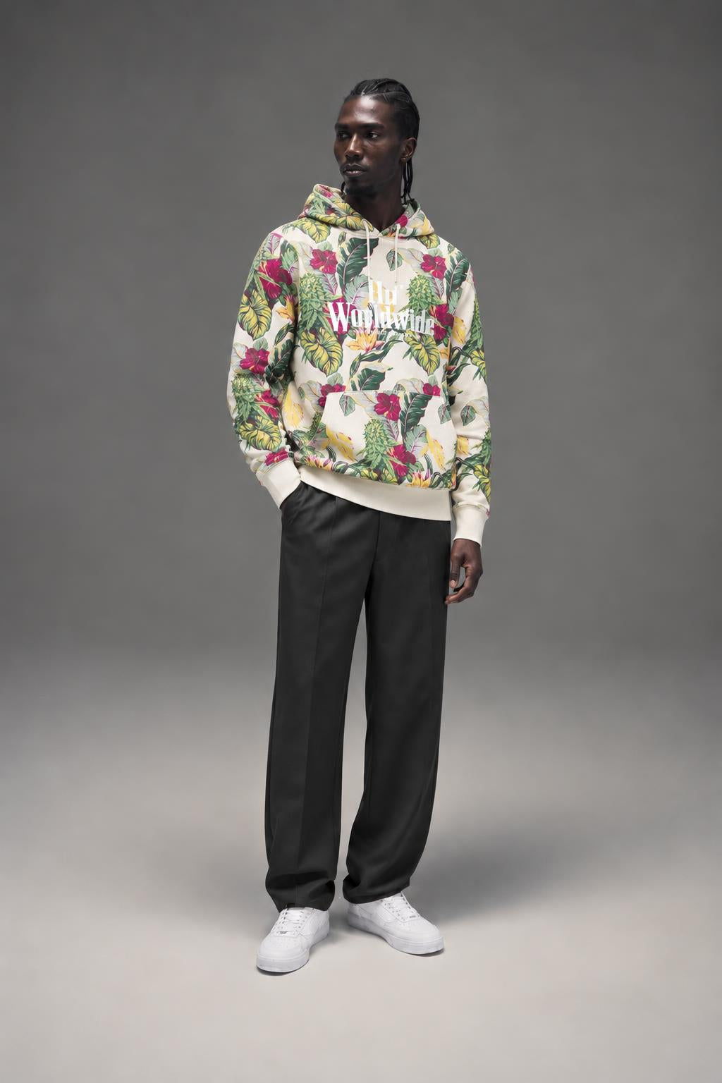 HUF Paraiso Pullover Hoodie Natural FL00118 AI model photo