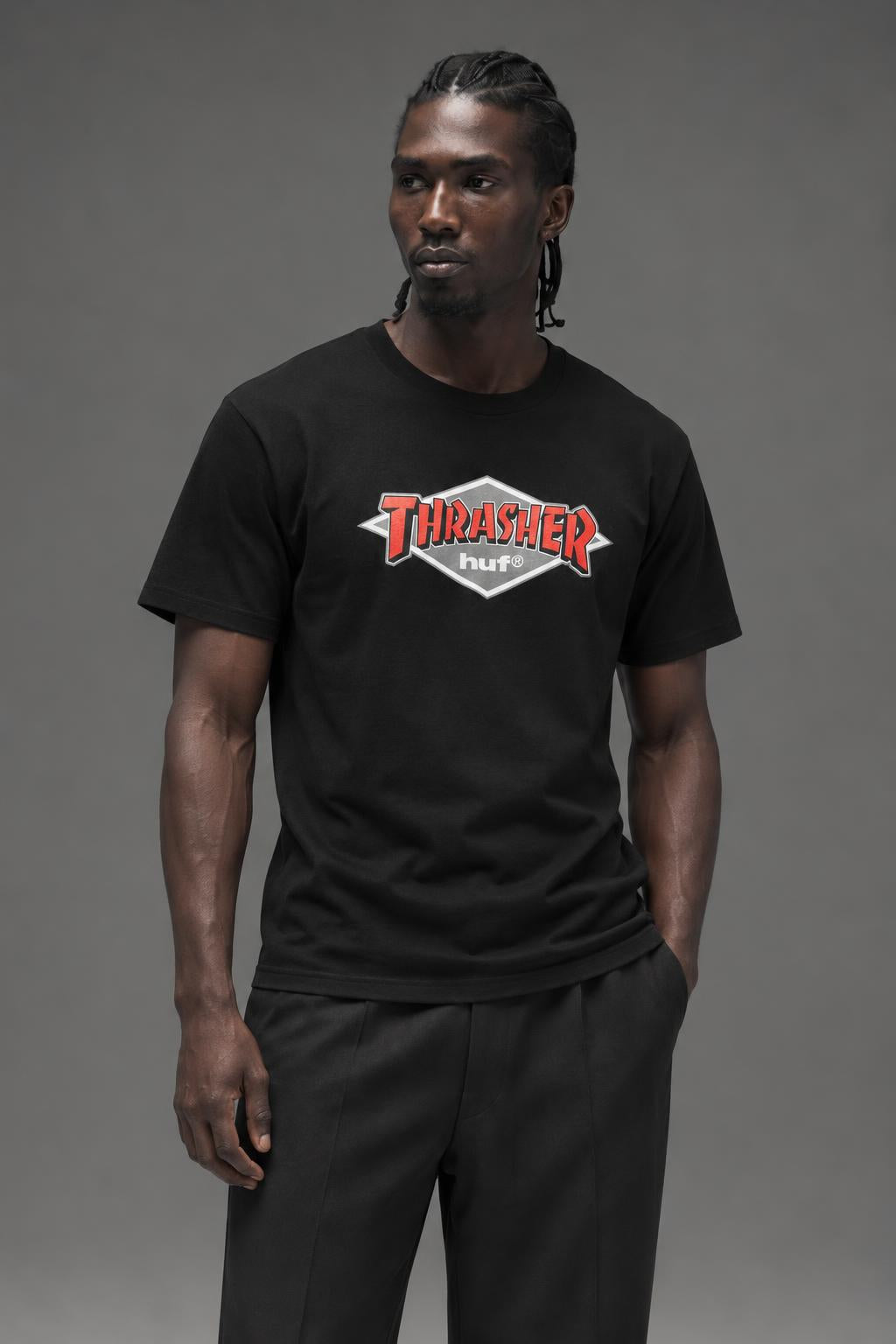 HUF x Thrasher Logo T-Shirt Black TS02730 AI model photo