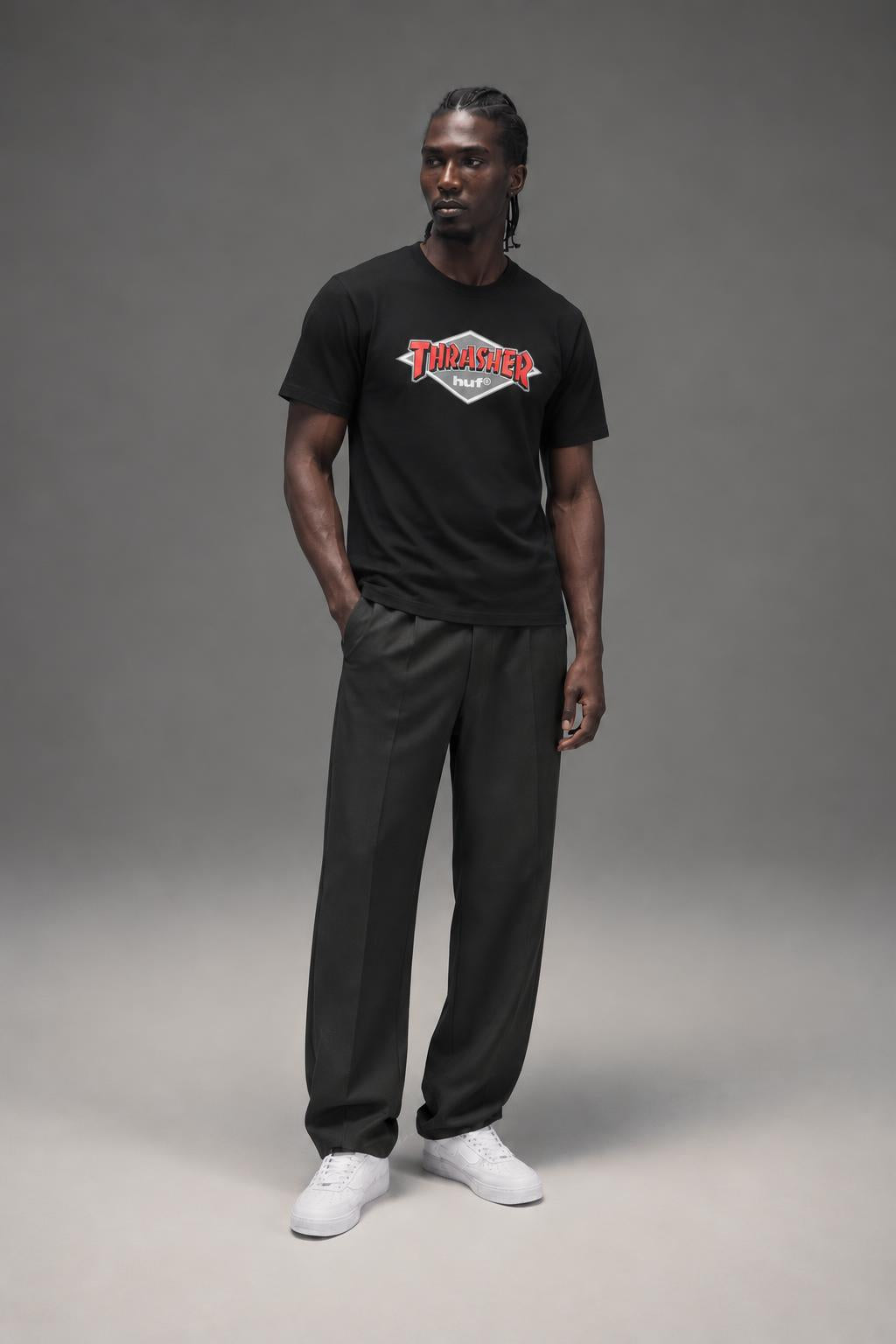 HUF x Thrasher Logo T-Shirt Black TS02730 AI model photo