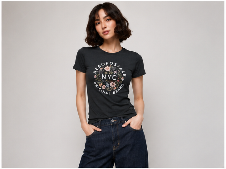 Aeropostale Men's Aero Circle Floral Appliqué Graphic T-Shirt Black Fox 4602 007 ET2