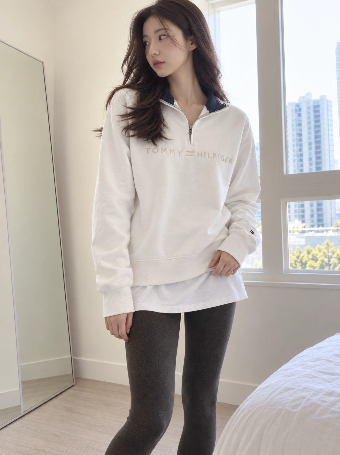 Tommy Hilfiger Tonal Bill Quarter Zip Mock Neck Sweater Snow White 78J7075 110