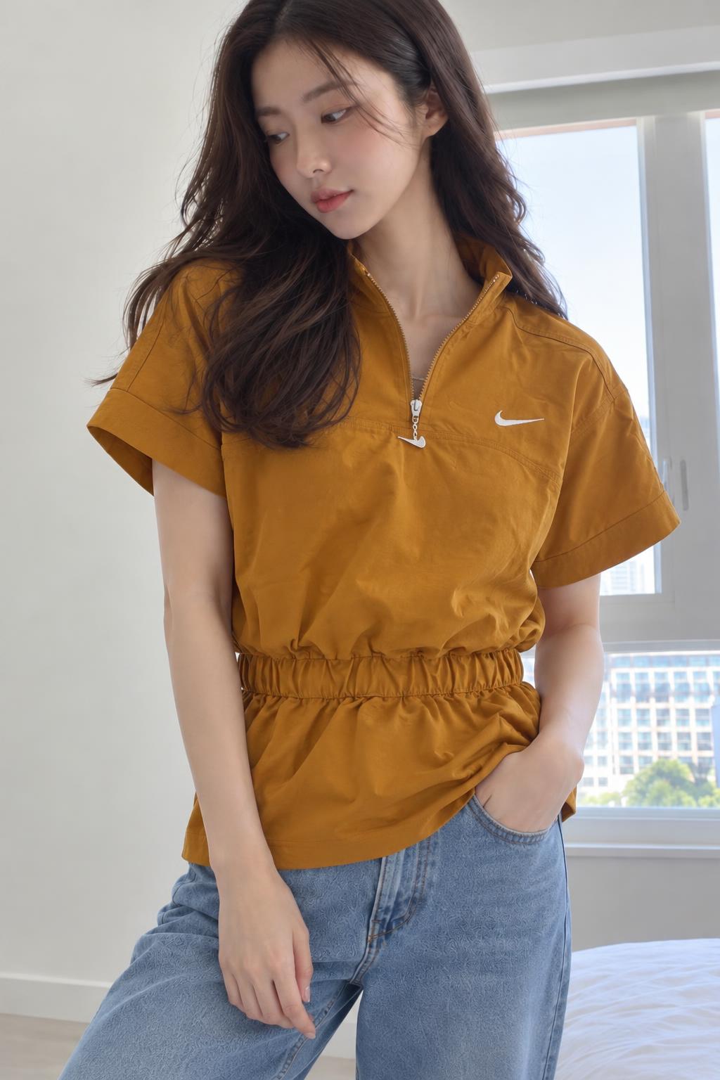 Nike Women's Sportswear Swoosh Woven Dress Desert Ochre/Pearl White/Light Curry DM6197 754 N5 AI model photo